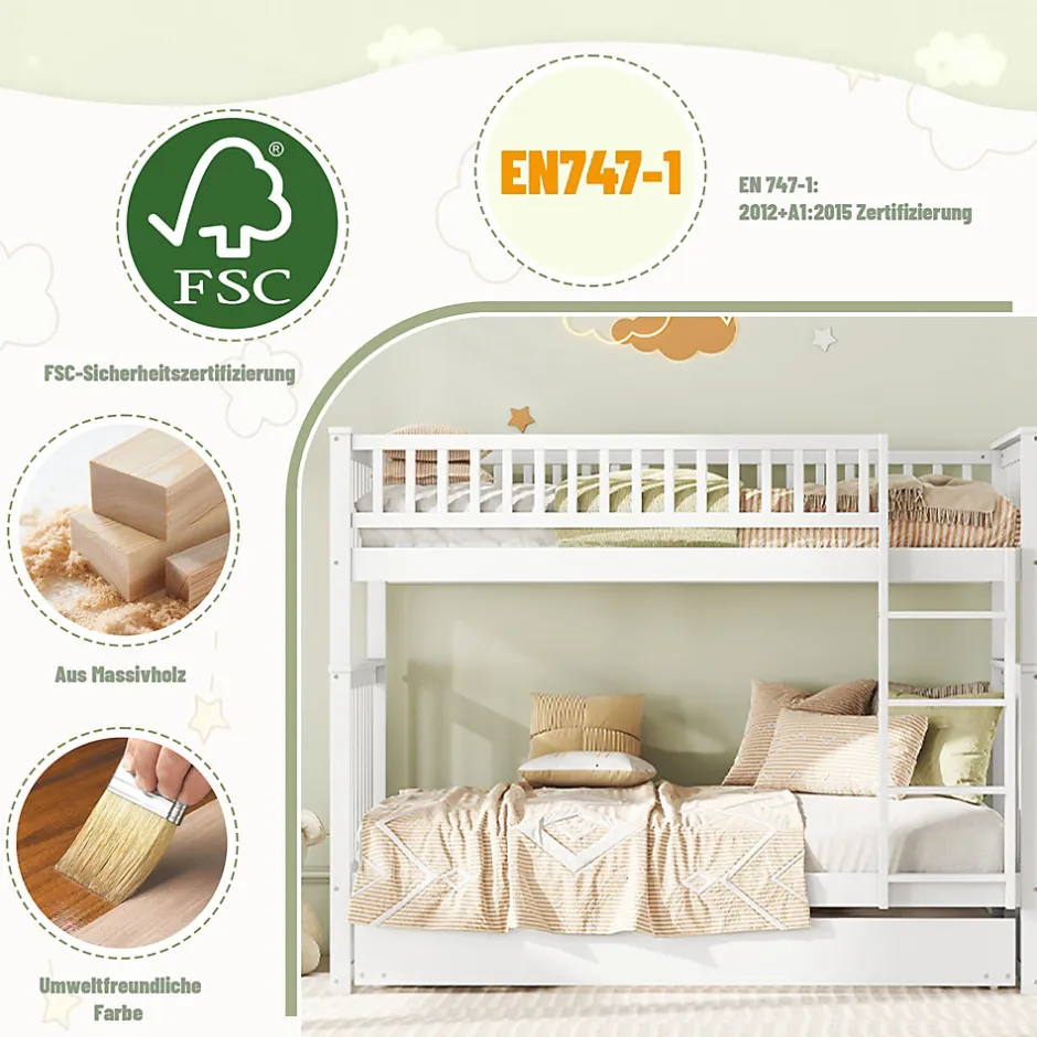 Enfant Okwish Lit Superposé 90 x 200 cm - Lit Gigogne avec Escalier - Pin + MDF - Sans Matelas - Blanc