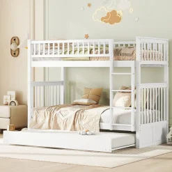 Enfant Okwish Lit Superposé 90 x 200 cm - Lit Gigogne avec Escalier - Pin + MDF - Sans Matelas - Blanc