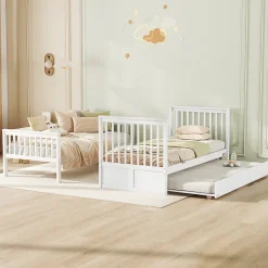 Enfant Okwish Lit Superposé 90 x 200 cm - Lit Gigogne avec Escalier - Pin + MDF - Sans Matelas - Blanc