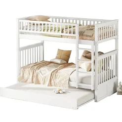 Enfant Okwish Lit Superposé 90 x 200 cm - Lit Gigogne avec Escalier - Pin + MDF - Sans Matelas - Blanc