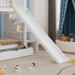 Enfant Fortuna lai Lit superposé avec échelle, toboggan, fenêtres, sécurité, cadre bois, blanc, 90x200cm