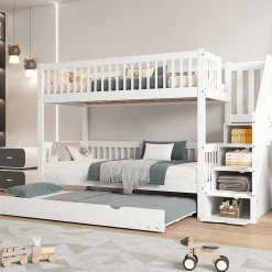 Enfant Fortuna lai Lit superposé avec lit roulant, sécurité, échelle, cadre bois, 90x200,190cm, blanc