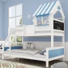Enfant Simple Life Lit superposé, avec rangement, escalier incliné 3 marches, fenêtre forme unique, tableau graffiti, blanc bleu, 90x200, 120x200cm