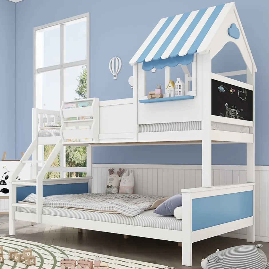 Enfant Simple Life Lit superposé, avec rangement, escalier incliné 3 marches, fenêtre forme unique, tableau graffiti, blanc bleu, 90x200, 120x200cm