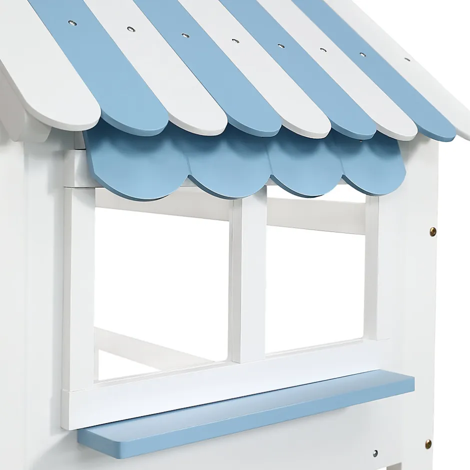 Enfant Simple Life Lit superposé, avec rangement, escalier incliné 3 marches, fenêtre forme unique, tableau graffiti, blanc bleu, 90x200, 120x200cm