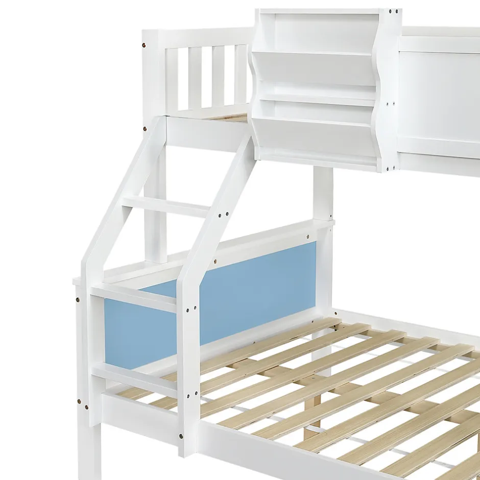 Enfant Simple Life Lit superposé, avec rangement, escalier incliné 3 marches, fenêtre forme unique, tableau graffiti, blanc bleu, 90x200, 120x200cm