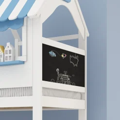 Enfant Simple Life Lit superposé, avec rangement, escalier incliné 3 marches, fenêtre forme unique, tableau graffiti, blanc bleu, 90x200, 120x200cm