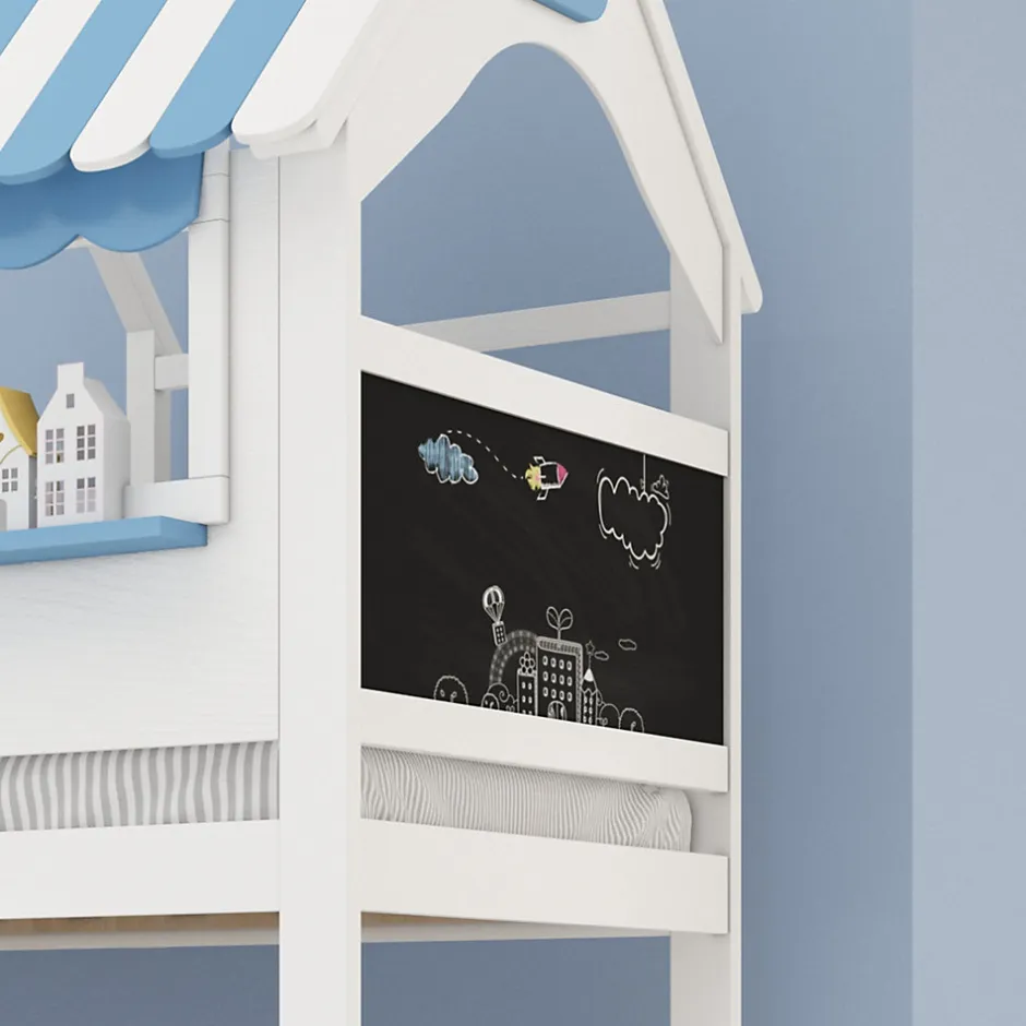 Enfant Simple Life Lit superposé, avec rangement, escalier incliné 3 marches, fenêtre forme unique, tableau graffiti, blanc bleu, 90x200, 120x200cm