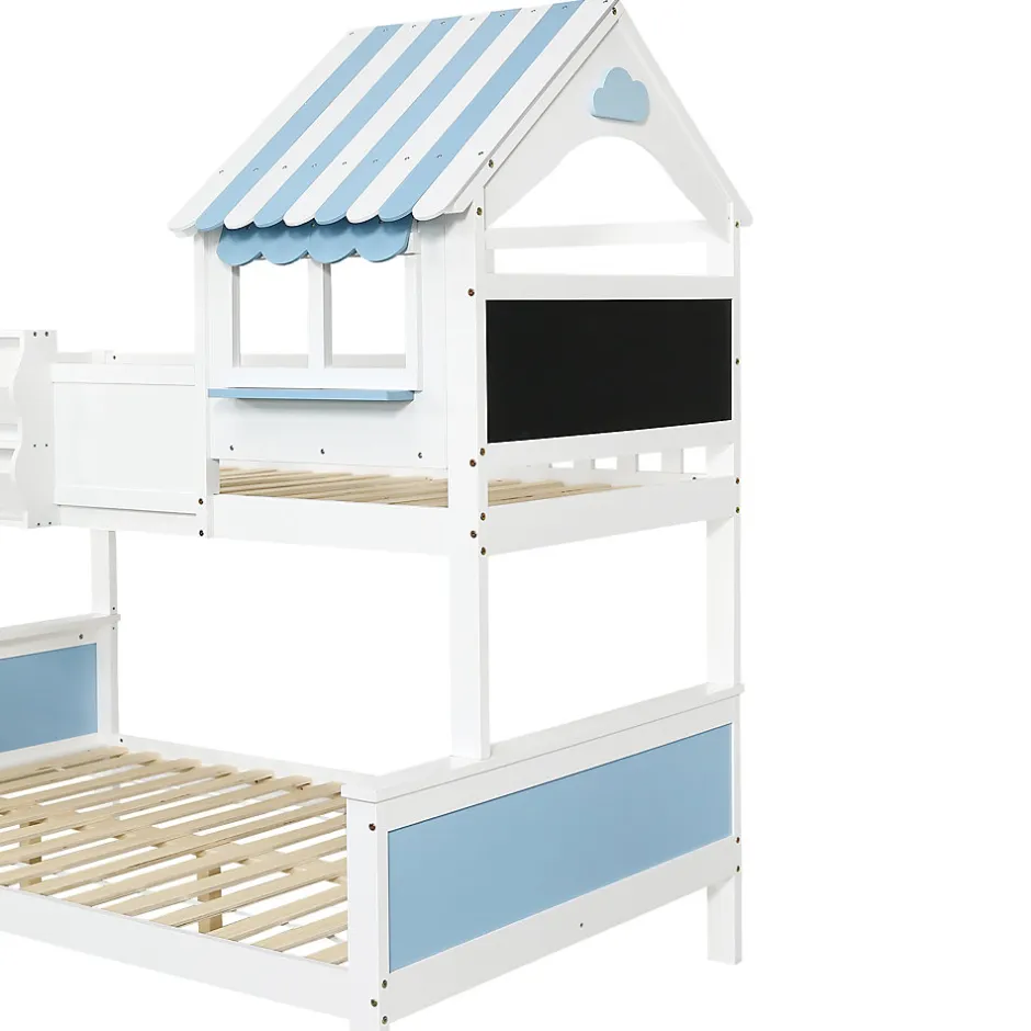 Enfant Simple Life Lit superposé, avec rangement, escalier incliné 3 marches, fenêtre forme unique, tableau graffiti, blanc bleu, 90x200, 120x200cm