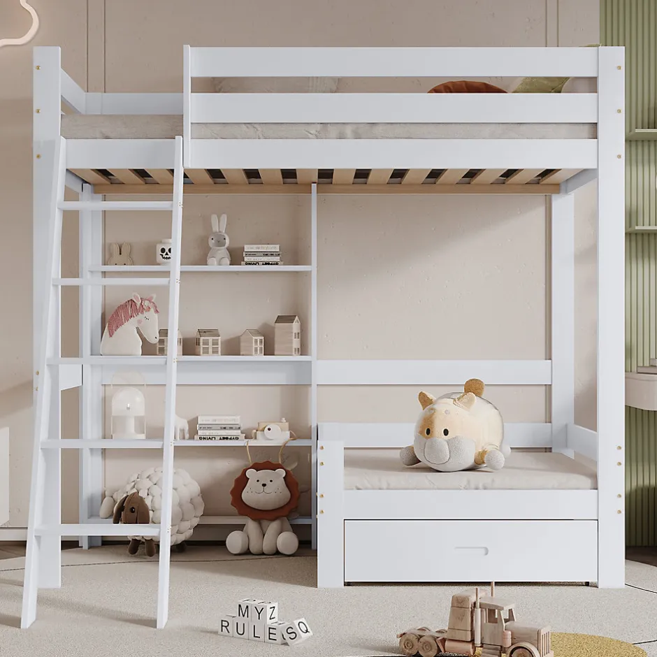 Enfant Simple Life Lit superposé avec étagères et canapé, 1 tiroir, échelle inclinée 5 marches, cadre massif bois blanc, 90x200 cm