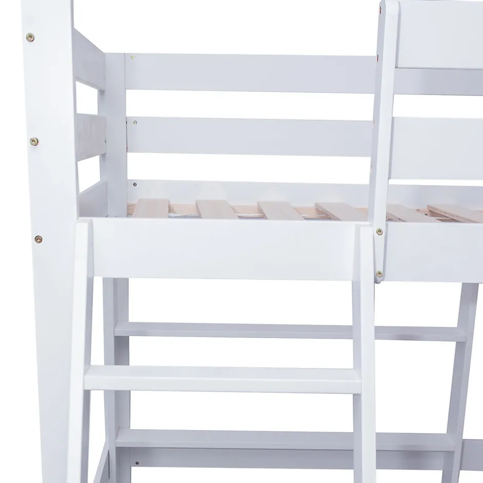 Enfant Simple Life Lit superposé avec étagères et canapé, 1 tiroir, échelle inclinée 5 marches, cadre massif bois blanc, 90x200 cm