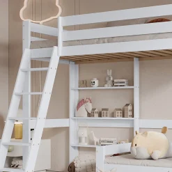 Enfant Simple Life Lit superposé avec étagères et canapé, 1 tiroir, échelle inclinée 5 marches, cadre massif bois blanc, 90x200 cm