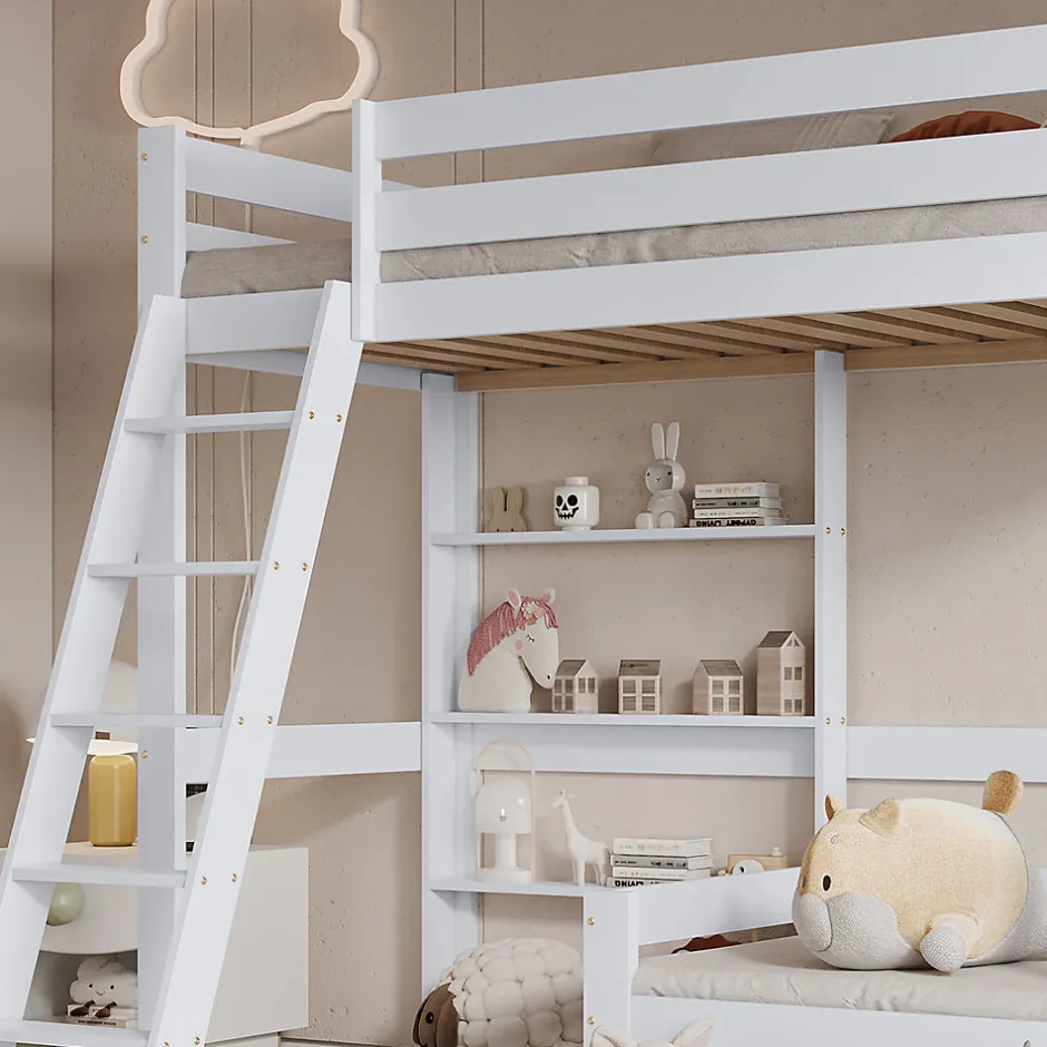 Enfant Simple Life Lit superposé avec étagères et canapé, 1 tiroir, échelle inclinée 5 marches, cadre massif bois blanc, 90x200 cm