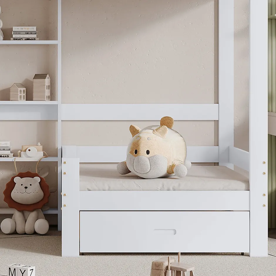 Enfant Simple Life Lit superposé avec étagères et canapé, 1 tiroir, échelle inclinée 5 marches, cadre massif bois blanc, 90x200 cm