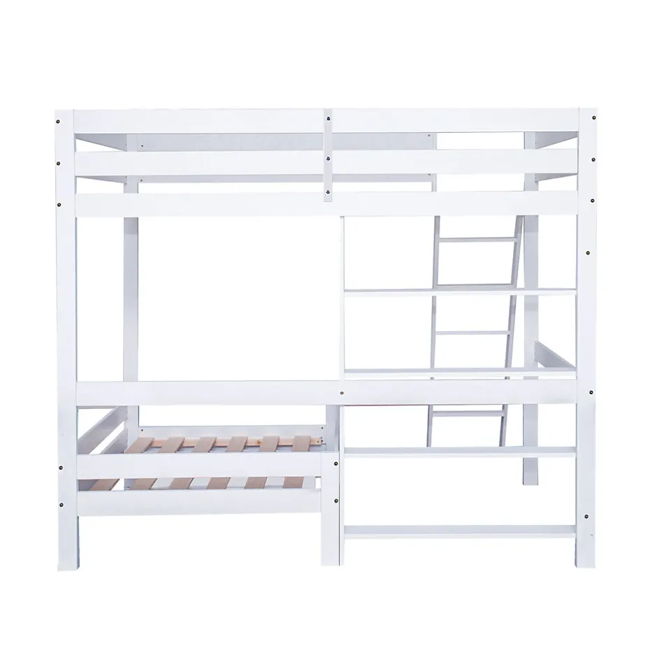 Enfant Simple Life Lit superposé avec étagères et canapé, 1 tiroir, échelle inclinée 5 marches, cadre massif bois blanc, 90x200 cm