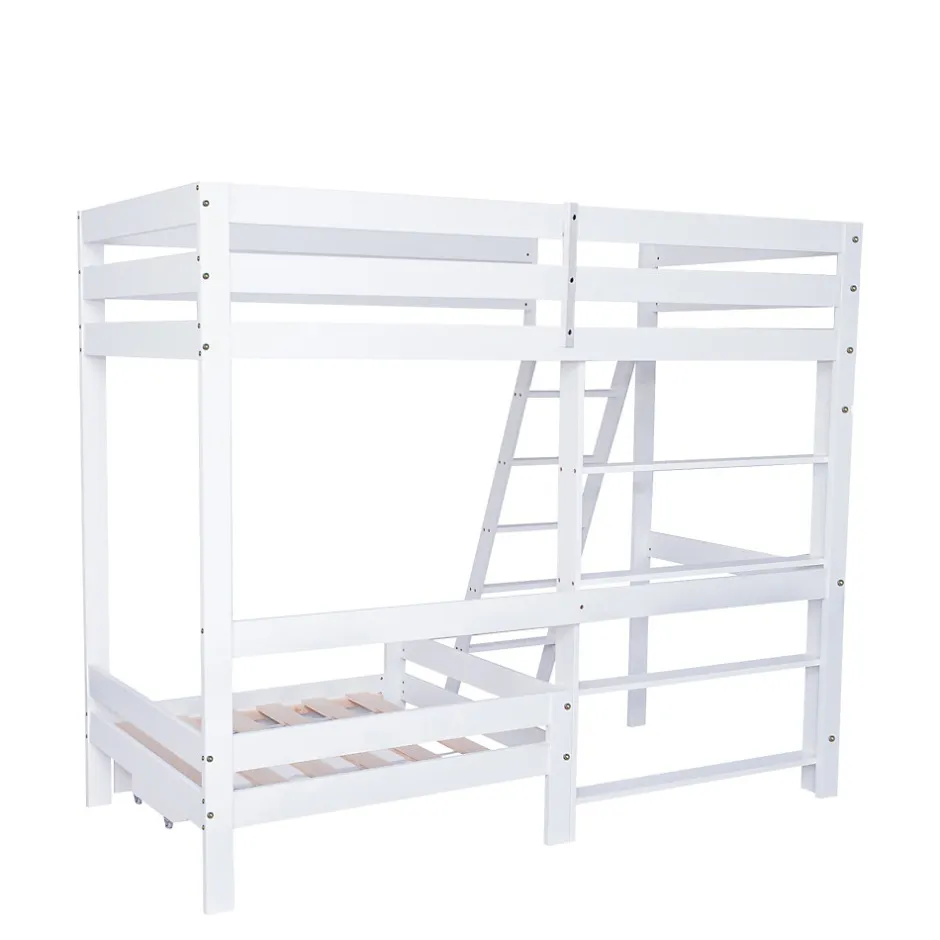 Enfant Simple Life Lit superposé avec étagères et canapé, 1 tiroir, échelle inclinée 5 marches, cadre massif bois blanc, 90x200 cm