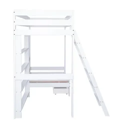 Enfant Simple Life Lit superposé avec étagères et canapé, 1 tiroir, échelle inclinée 5 marches, cadre massif bois blanc, 90x200 cm