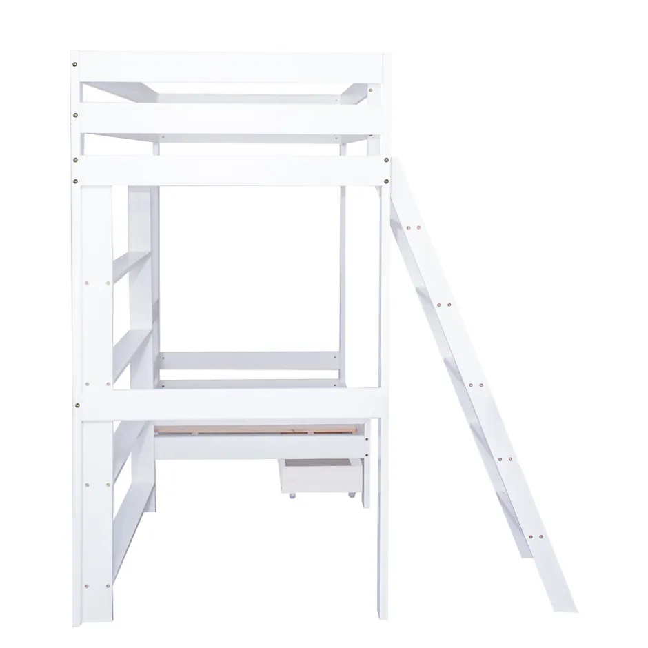 Enfant Simple Life Lit superposé avec étagères et canapé, 1 tiroir, échelle inclinée 5 marches, cadre massif bois blanc, 90x200 cm