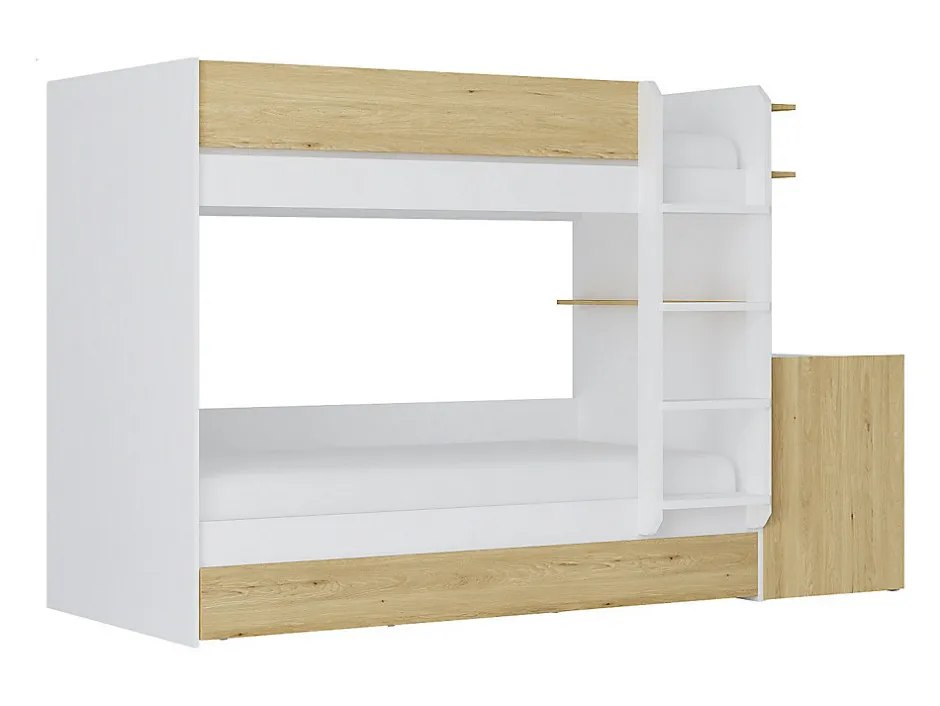 Enfant Vente-unique Lit superposé avec tiroir lit gigogne et 2 bureaux 3 x 90 x 190 cm - Coloris : Blanc et naturel - DOMATI
