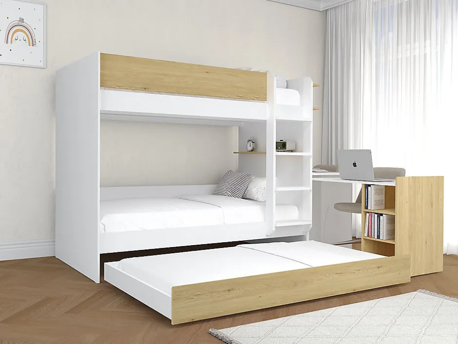 Enfant Vente-unique Lit superposé avec tiroir lit gigogne et 2 bureaux 3 x 90 x 190 cm - Coloris : Blanc et naturel - DOMATI