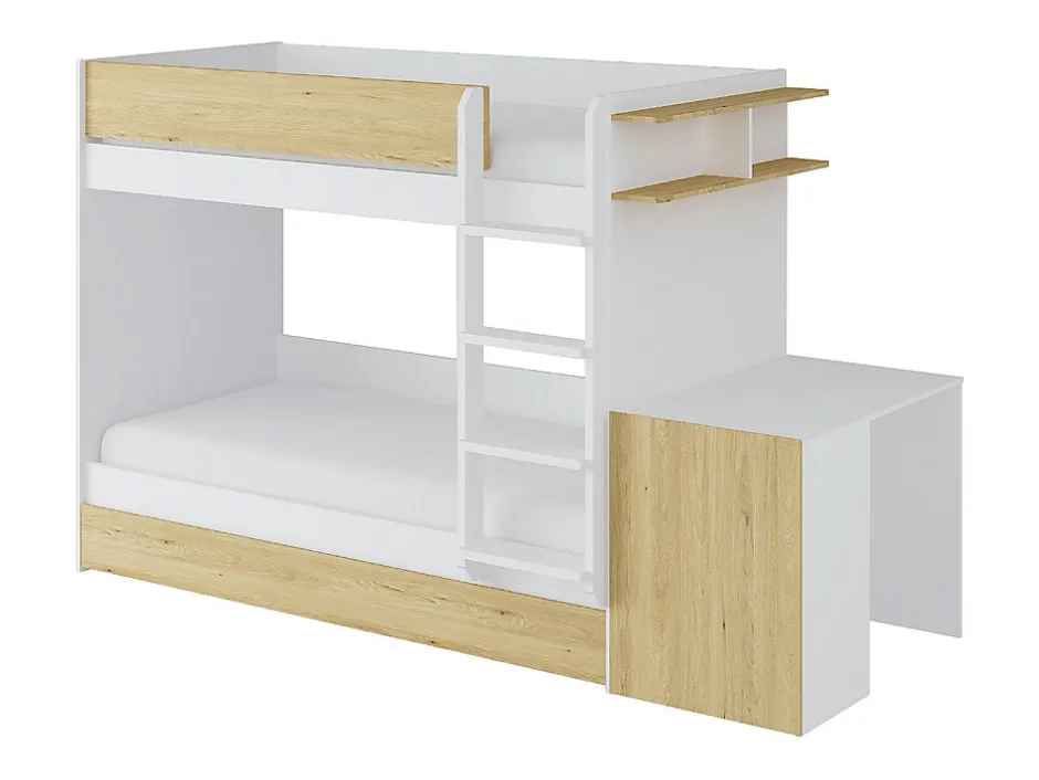 Enfant Vente-unique Lit superposé avec tiroir lit gigogne et 2 bureaux 3 x 90 x 190 cm - Coloris : Blanc et naturel - DOMATI