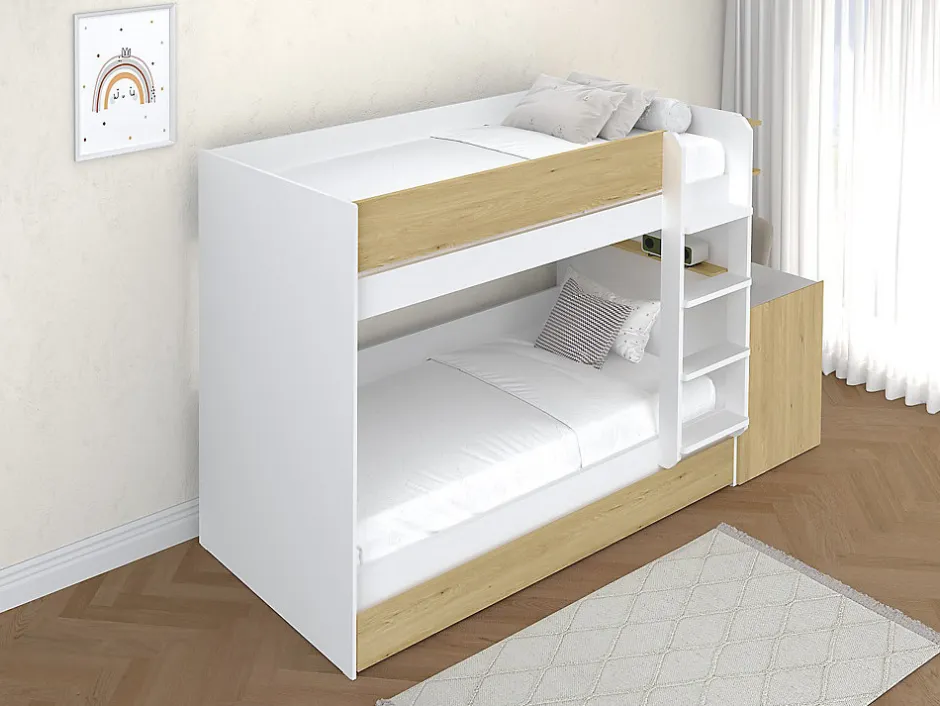 Vente-unique Lit superposé avec tiroir lit gigogne et 2 bureaux 3 x 90 x 190 cm - Coloris : Blanc et naturel + Matelas - DOMATI