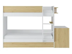 Vente-unique Lit superposé avec tiroir lit gigogne et 2 bureaux 3 x 90 x 190 cm - Coloris : Blanc et naturel + Matelas - DOMATI