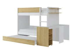 Vente-unique Lit superposé avec tiroir lit gigogne et 2 bureaux 3 x 90 x 190 cm - Coloris : Blanc et naturel + Matelas - DOMATI