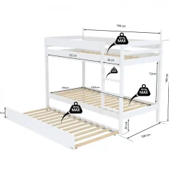 Weber Lit superposé avec tiroir lit - 3 x 90 x 190 cm - Bois Pin massif - Blanc - Sommiers inclus - WALLY Discount