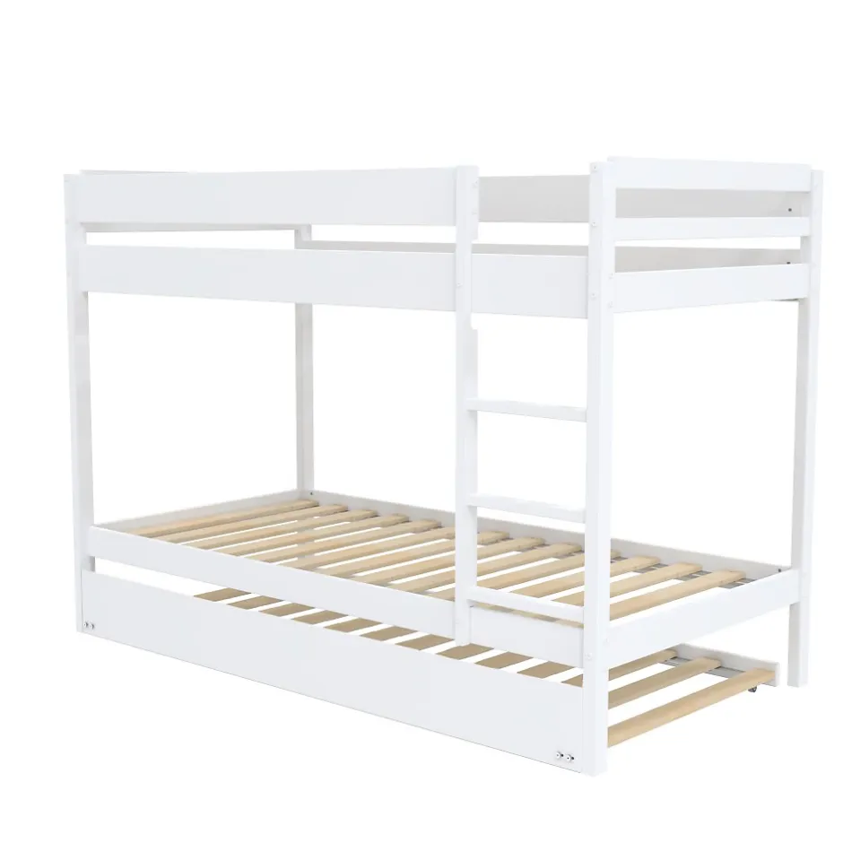 Weber Lit superposé avec tiroir lit - 3 x 90 x 190 cm - Bois Pin massif - Blanc - Sommiers inclus - WALLY Discount