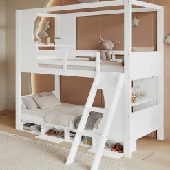 Enfant Redom Lit superposé barrières sécurité bureau intégré meuble chaussures 4 compartiments échelle 3 niveaux pin MDF blanc 90x200