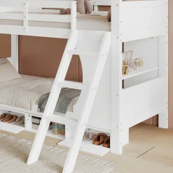 Enfant Redom Lit superposé barrières sécurité bureau intégré meuble chaussures 4 compartiments échelle 3 niveaux pin MDF blanc 90x200