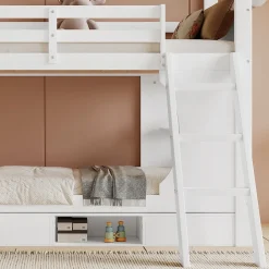 Enfant Redom Lit superposé barrières sécurité bureau intégré meuble chaussures 4 compartiments échelle 3 niveaux pin MDF blanc 90x200