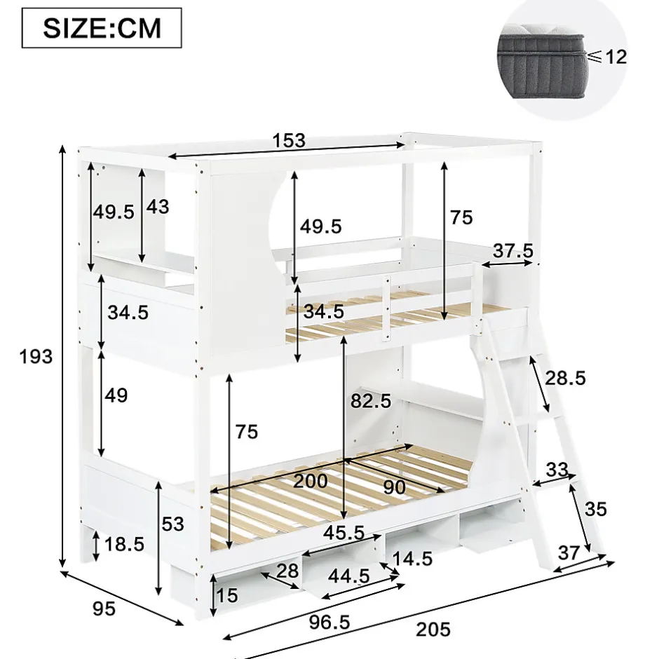 Enfant Redom Lit superposé barrières sécurité bureau intégré meuble chaussures 4 compartiments échelle 3 niveaux pin MDF blanc 90x200