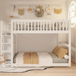 ProximaX Lit superposé bas Lit enfant 140 x 200 cm en bois avec compartiments de rangement ouverts et clôture, blanc Outlet