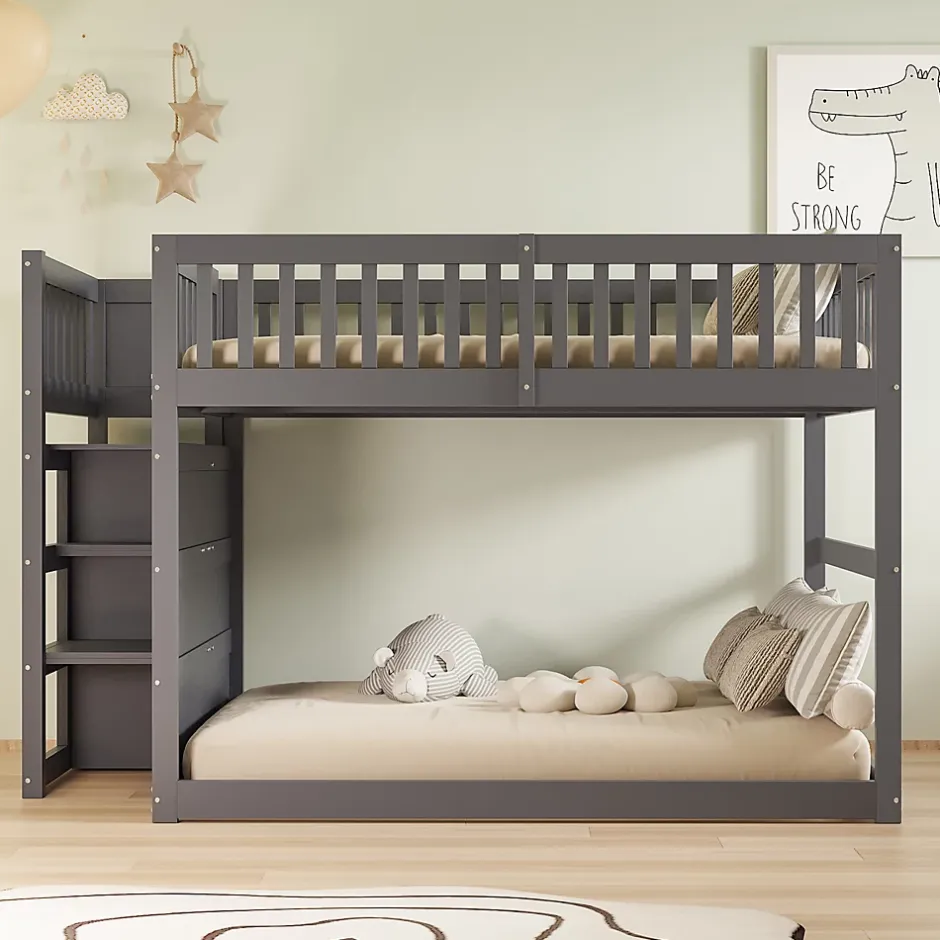 ProximaX Lit superposé bas Lit enfant 140 x 200 cm en bois avec compartiments de rangement ouverts et clôture, gris Sale