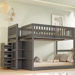 ProximaX Lit superposé bas Lit enfant 140 x 200 cm en bois avec compartiments de rangement ouverts et clôture, gris Sale