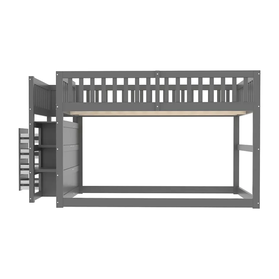 ProximaX Lit superposé bas Lit enfant 140 x 200 cm en bois avec compartiments de rangement ouverts et clôture, gris Sale