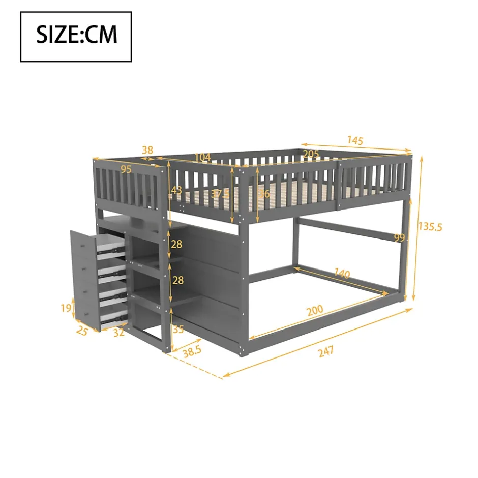 ProximaX Lit superposé bas Lit enfant 140 x 200 cm en bois avec compartiments de rangement ouverts et clôture, gris Sale