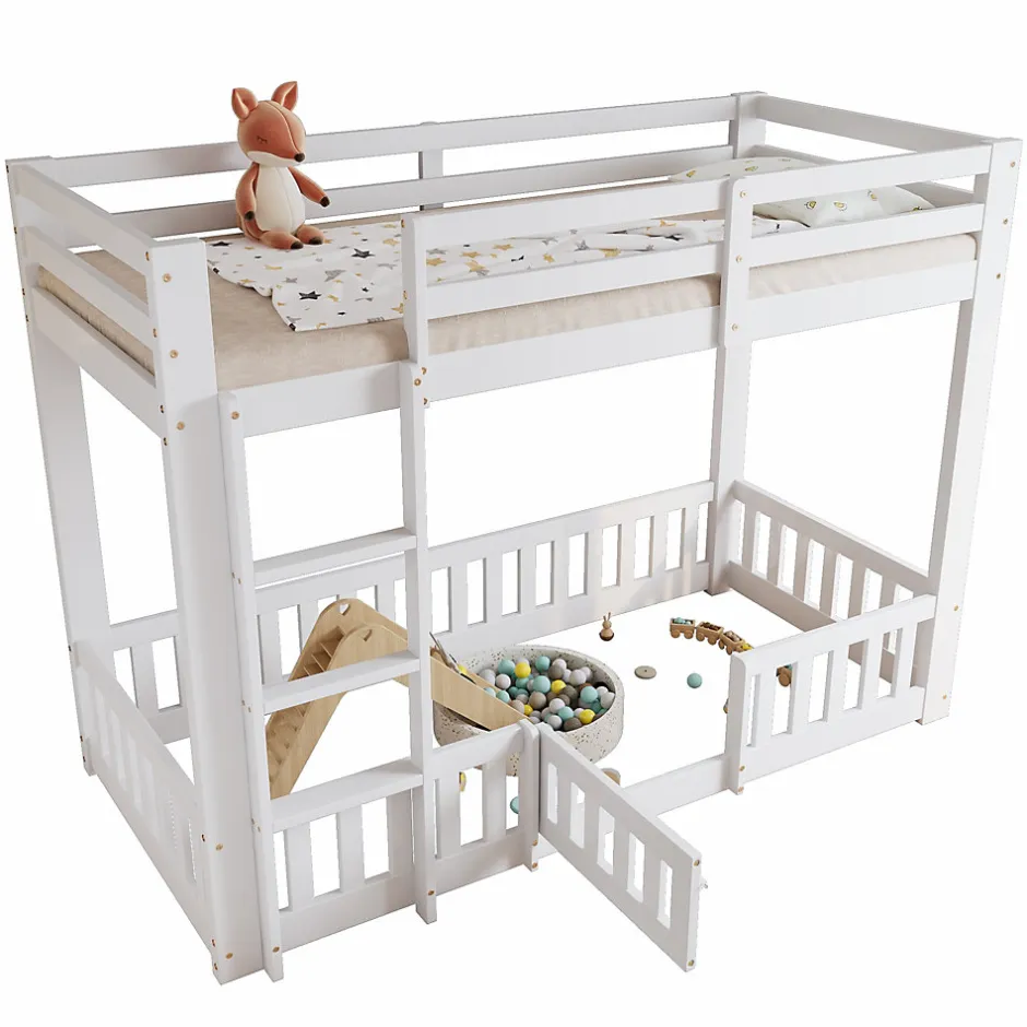 Enfant Redom Lit superposé bois pin LVL escalier droit rambarde porte protection anti-chute espace modulable sous lit blanc 90x200cm