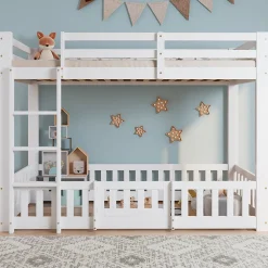 Enfant Redom Lit superposé bois pin LVL escalier droit rambarde porte protection anti-chute espace modulable sous lit blanc 90x200cm