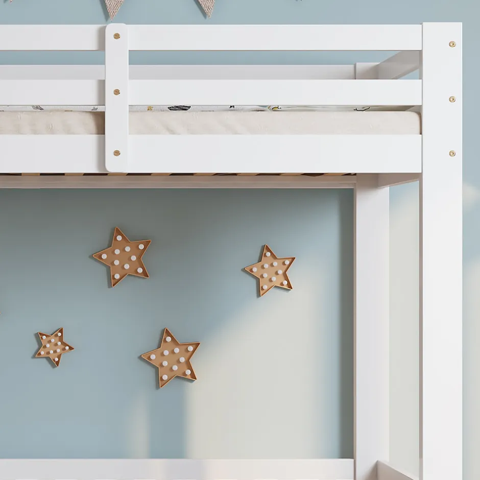 Enfant Redom Lit superposé bois pin LVL escalier droit rambarde porte protection anti-chute espace modulable sous lit blanc 90x200cm