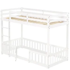 Enfant Redom Lit superposé bois pin LVL escalier droit rambarde porte protection anti-chute espace modulable sous lit blanc 90x200cm