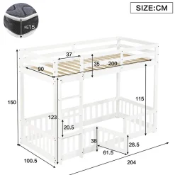 Enfant Redom Lit superposé bois pin LVL escalier droit rambarde porte protection anti-chute espace modulable sous lit blanc 90x200cm