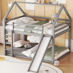 Enfant ProximaX Lit superposé cabane 140x200 cm gris avec toboggan et échelle, design ludique et moderne pour chambre