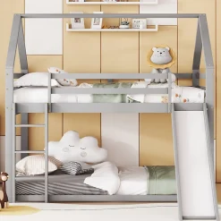 Enfant ProximaX Lit superposé cabane 140x200 cm gris avec toboggan et échelle, design ludique et moderne pour chambre