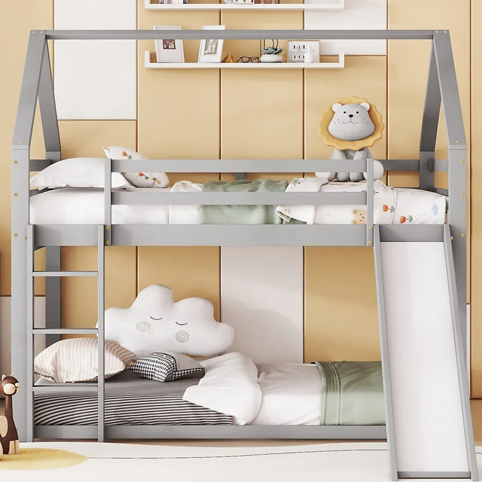 Enfant ProximaX Lit superposé cabane 140x200 cm gris avec toboggan et échelle, design ludique et moderne pour chambre