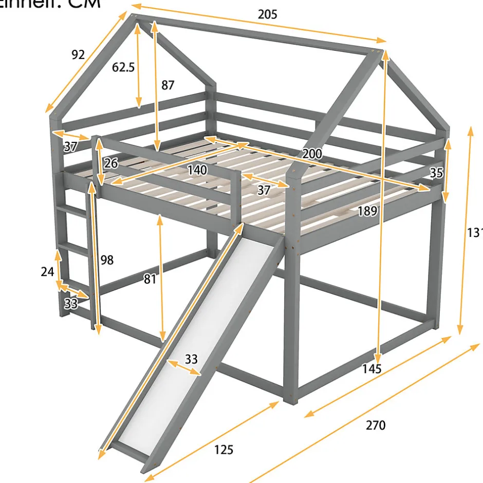 Enfant ProximaX Lit superposé cabane 140x200 cm gris avec toboggan et échelle, design ludique et moderne pour chambre