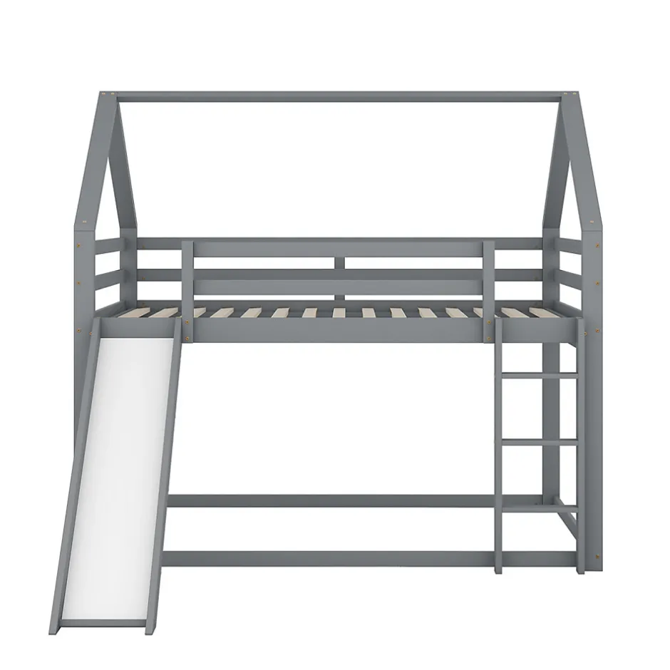 Enfant ProximaX Lit superposé cabane 140x200 cm gris avec toboggan et échelle, design ludique et moderne pour chambre