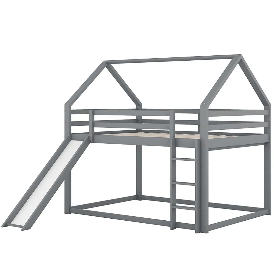 Enfant ProximaX Lit superposé cabane 140x200 cm gris avec toboggan et échelle, design ludique et moderne pour chambre
